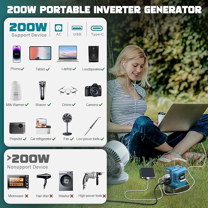 LIVOWALNY 200W Power Inverter Compatible with Makita 18V Battery, DC 18V to AC 110-120V Power Station with 1 AC Outlet, 2 USB, 1 Type-C & LED Light, for Camping Power Outage (No Battery)