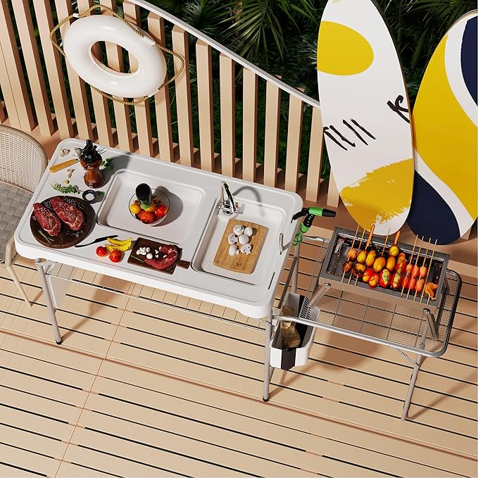 Allpop Fish Cleaning Table with 2 Sinks, 42.5'' Portable Folding Camping Fish Station with Extanded Stand, Grid Rack, Faucet, Drainage Hose, Sprayer, Storage Box, Drawer & Grooves for Picnic, White