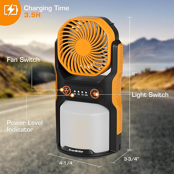 EverBrite 2-in-1 Camping Lantern with Fan, 1000LM Rechargeable Tent Light, 4400mAh Power Bank, Portable Camping Fan with 3 Speeds & 210° Oscillation, USB-C Emergency Light for Camping, Power Outage