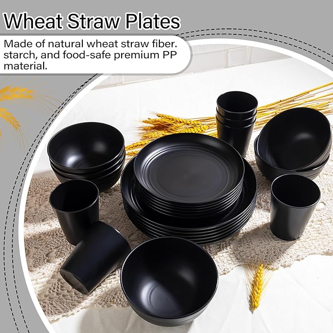 LIYH 24 Pcs Black Wheat Straw Dinnerware Sets, Unbreakable Plates and Bowls Set Plastic Dinnerware Set Include Wheat Straw Plates, Bowls, Cups, Dishes for Kitchen& Camping