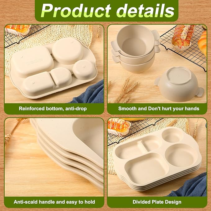 24 Pcs Wheat Straw Dinnerware Cutlery Set for Aldult Including Divided Plates Microwave Dishwasher Safe Bowl Unbreakable Tableware Straw Cutlery Spoon Knife Fork(Beige)
