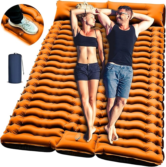 Yuzonc Double Sleeping Pad for Camping, 4" Extra Thick Self-Inflating Air Mattress - 2 Person Inflatable Camping Mat with Built-in Foot Pump & Pillow, Backpacking Hiking Tent Travel-Orange