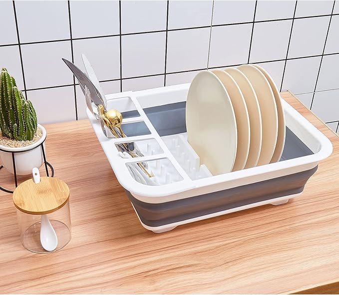 Goderewild Collapsible Dish Drying Rack with Rotating Drain & Plug,Space-Saving Dish Drainers for Kitchen Counter, Portable Dish Rack Over Sink Drying Dinnerware,Travel Trailer RV Camping Essentials