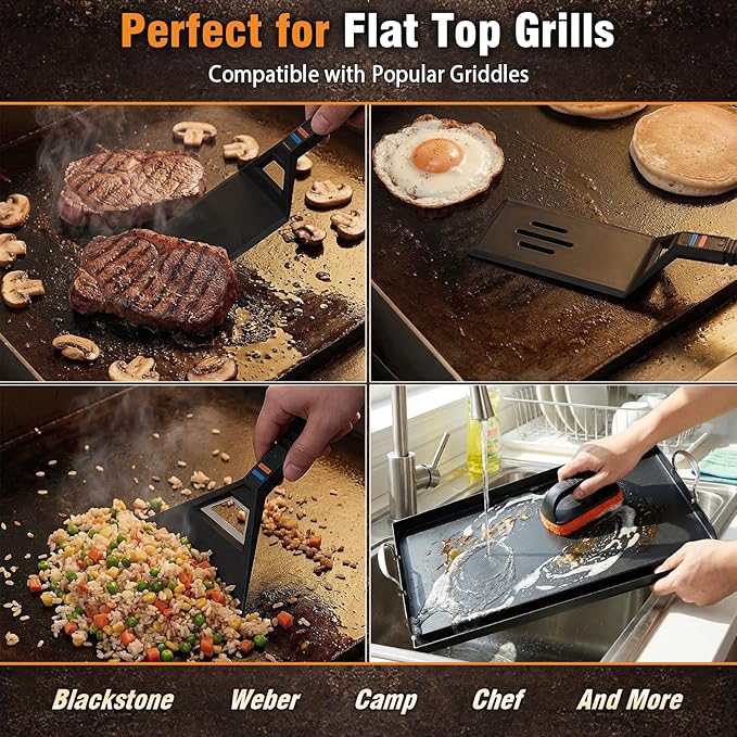 Utheer Griddle Kit, 19.5" x 10.5" Reversible Cast Iron Flat Top Griddle with 5-Piece Scratch-Free Silicone Tools, Ceramic Nonstick Grill Griddle for Stove Top, Gas Grill, BBQ and Camping