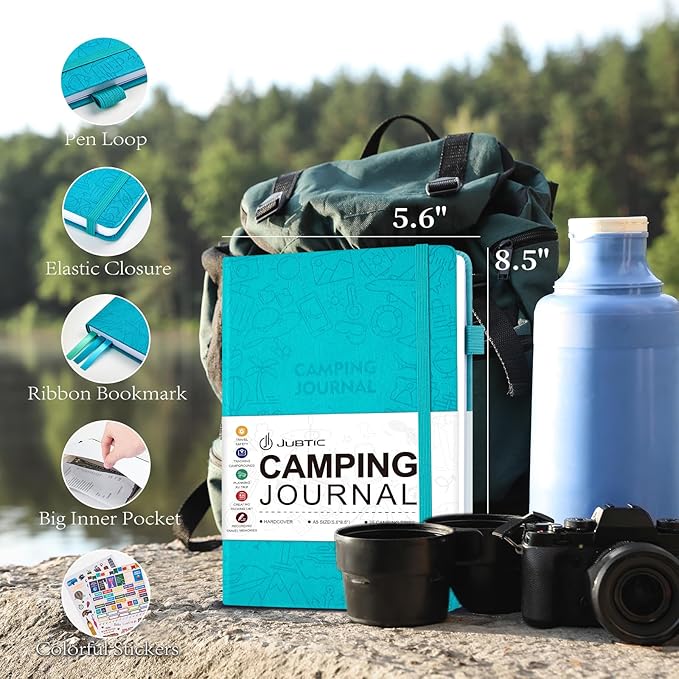 JUBTIC Camping Journal and RV Travel Log Book, A5 Adventure Journal for 25 Camping, Hiking Journal, Family Travel Books Camper Essentials Camping Gifts for Women-Turquoise