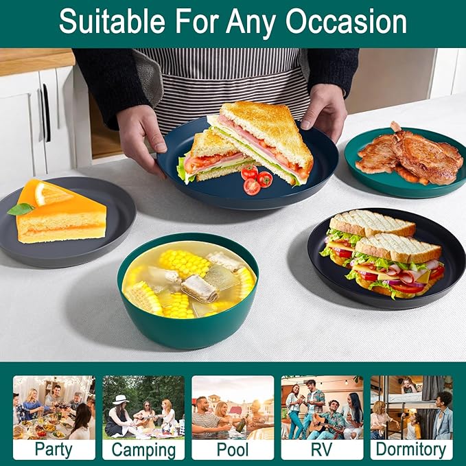 EI 12pcs Wheat Straw Plates,Plastic Plates Reusable,Unbreakable Plastic Plate,Wheat Straw Dinnerware Set,Melamine Plate-Black,Dark Grey,Dark Green,Dark Blue,Dinner, Camping,Picnic