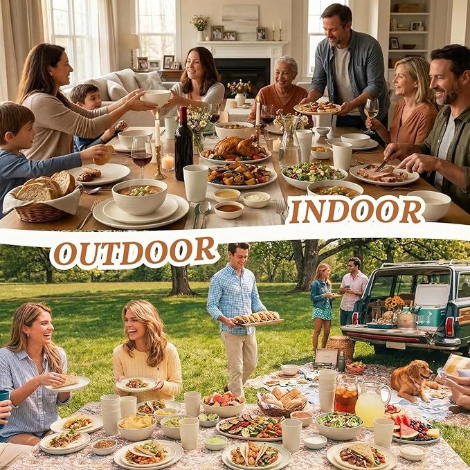 Homienly Wheat Straw Dinnerware Sets 40 PCS Plates and Bowls Sets with Cup Set and Dipping Bowls, Unbreakable Camping Dishes Microwave and Dishwasher Safe Dinnerware Set for Dinner, Outdoor (Beige)