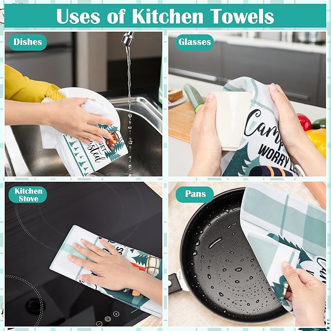 R HORSE Funny Kitchen Dish Towels - 5Pcs Camping Kitchen Hand Towels, Soft Absorbent Cleaning Dishcloth Home Bathroom Decor Camper Accessories for Campers Hikers Outdoor Lovers Camping Gifts