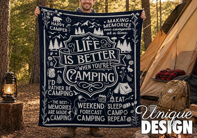 Camping Gifts for Women Men Lovers Throw Blanket, Happy Campers Decor Outdoor, RV Campsite Travel Hiking - Life, 50" x 65"
