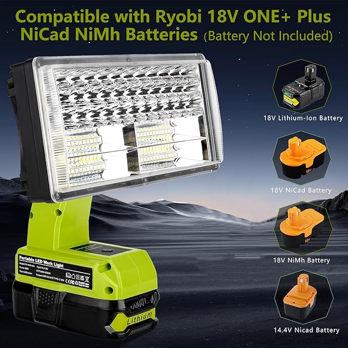 Choerinton 4200LM LED Work Light Compatible with Ryobi 18V Battery, 40W Cordless Jobsite Light Outdoor Floodlight with USB Charging Ports, Flashlight for Car Repair, Camping, Hiking, Garage, Emergency