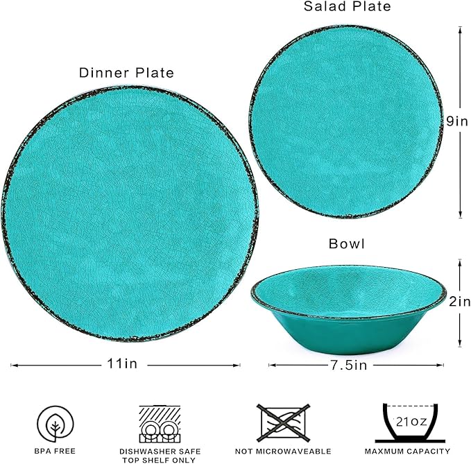 LEHAHA Rustic Melamine Dinnerware Sets, 12-piece Dishes Plastic Dinnerware Set for 4, Break-resistant Plates and Bowls Set, Outdoor Casual & Party Use Kitchen Dishes Set, Teal…