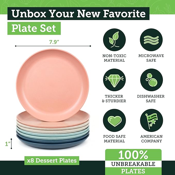 Grow Forward Premium Wheat Straw Plates - 8 Inch Reusable Hard Plastic Dinner Plates Set of 8 - Unbreakable Microwave Safe Plates for Dessert, Camping, RV, Outdoors, Patio, Kitchen Dishes - Tropical