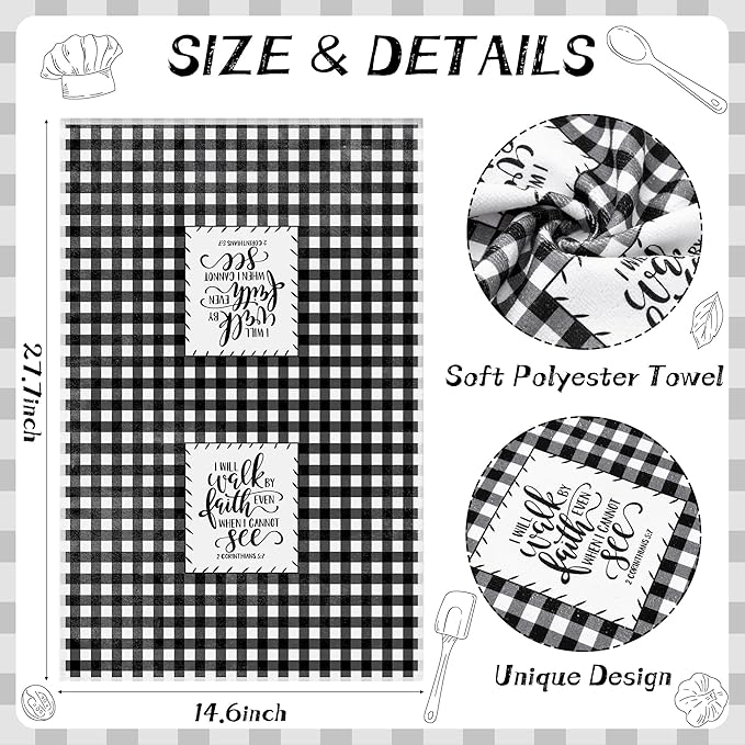 R HORSE 5Pcs Religious Christian Kitchen Dish Towel Black and White Check Cleaning Dishcloth Bible Verse Scripture Absorbent Bar Hand Towel Easter Gift for Women Men Housewarming Decor
