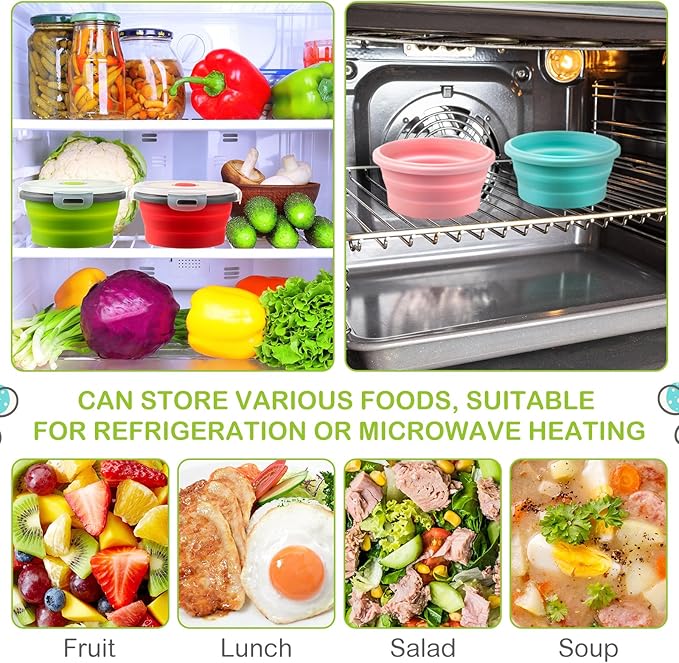 Suclain 4 Pcs Collapsible Bowls with Lids Silicone Camping Food Storage Container Expandable Folding Salad Lunch Box Travel Container for Hiking Camping