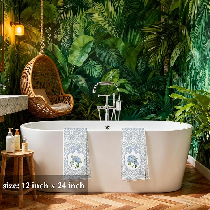 Blue and White Porcelain Chinoiserie Kitchen Towels 16x24 Set of 2, Blue Hydrangea Floral Dish Towels Tea Towels for Kitchen, Chinoiserie Decor Hand Towels for Bathroom, Grand Millenial Decor