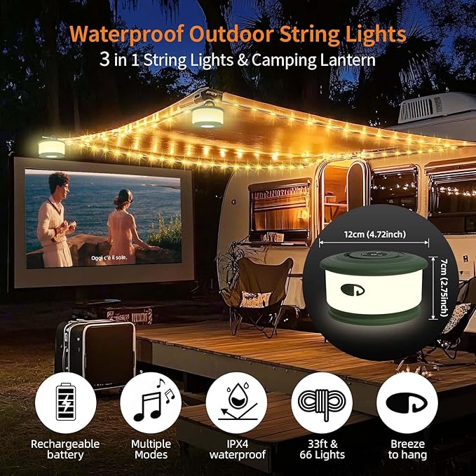 TOHETO Camping String Lights, 3 in 1 Upgraded Retractable RGB Outdoor String Lights with 19 Lighting Modes, Quick 30s Recovery, 32.8 FT Portable Tent Lights, Rechargeable Camping Lantern (Green)