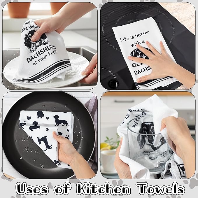 R HORSE Dachshund Kitchen Dish Towel - 5Pcs Cute Dachshund Cleaning Dishcloth Puppy Dog Absorbent Bar Quick Dry Hand Towel Tea Towels for Dog Mom & Dad Housewarming Bathroom Kitchen Home Decors
