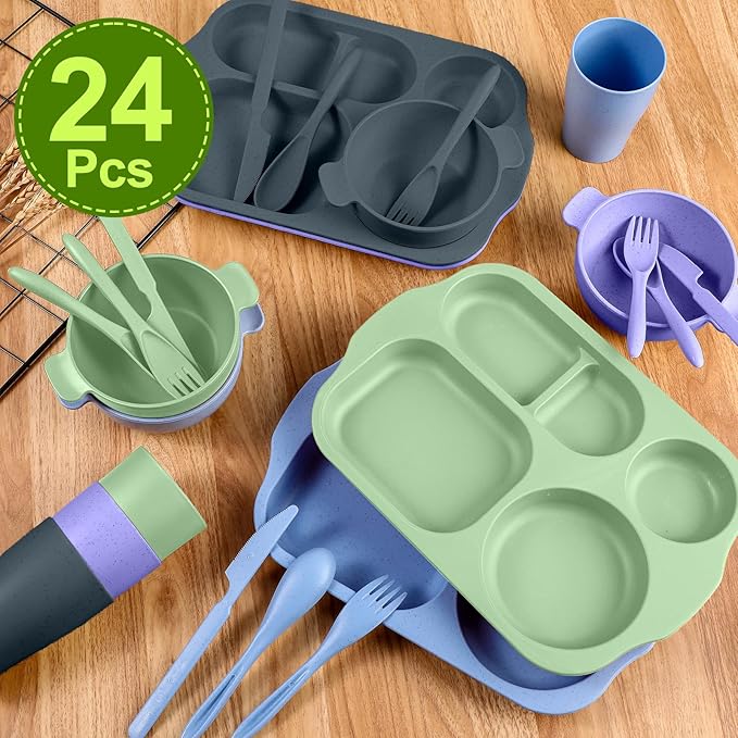 24 Pcs Wheat Straw Dinnerware Cutlery Set for Aldult Including Divided Plates Microwave Dishwasher Safe Bowl Unbreakable Tableware Straw Cutlery Spoon Knife Fork(Assorted Color)
