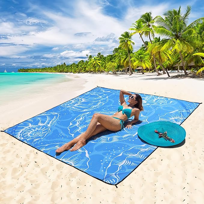 WIWIGO Beach Blanket Waterproof Sandproof Beach Mat 79" X 83"/10'x9'for 2-8 Adults Quick Drying Outdoor Picnic Mat Beach Accessories for Travel, Camping, Hiking