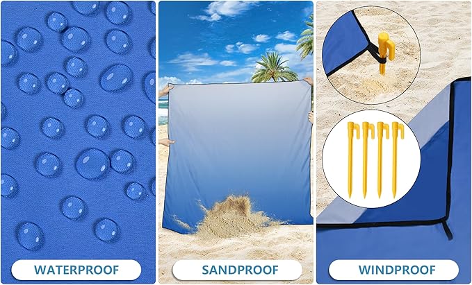 WIWIGO Beach Blanket Waterproof Sandproof Beach Mat 79" X 83"/10'x9'for 2-8 Adults Quick Drying Outdoor Picnic Mat Beach Accessories for Travel, Camping, Hiking