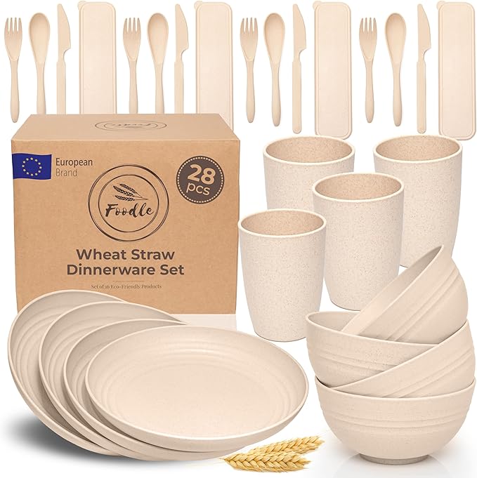 FOODLE Wheat Straw Dinnerware Set - BPA Free & Safety Tested - Unbreakable, Microwave & Dishwasher Safe Dishes - Picnic, RV, Dorm, Camping Plates Cups and Bowls - Great for Kids & Adults - For 4