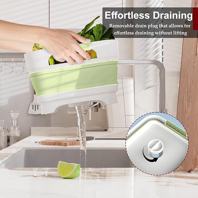 MontNorth 2.4 Gal Collapsbile Wash Basin with Drian Plug,9L Dish Pan for Soaking Baby Bottles,Portable Sink, Multiuse Foldable Bucket,Ice Beverage Tubs for Camping, Vegetable Washing, RV (Green)