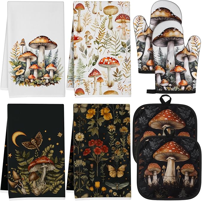 Hahafelt 8 Pcs Kitchen Gift Dish Towel Pot Holder Oven Mitt Set 4 Tent Car Tea Towels with Funny Sayings Novelty 2 Oven Mitts 2 Pot Holders Accessories Decor for Rv Campers (Mushroom)