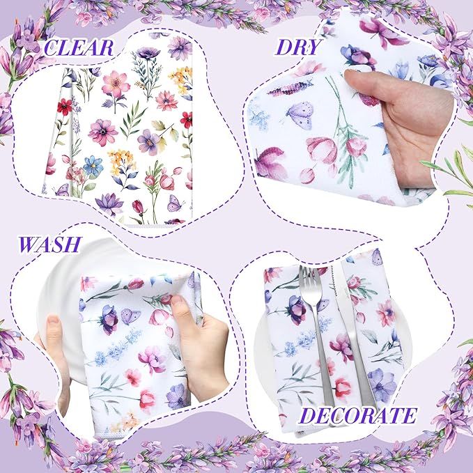 Oudain 6 Pcs Spring Lavender Kitchen Towel Set Decor Purple Floral Hand Dish Towels Decorative 18x24 Inch Wildflower Butterfly Tea Cloths for Housewife Gift Spring Easter Bathroom Kitchen Accessories