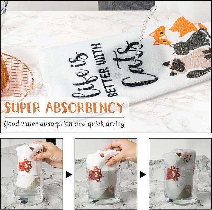 R HORSE 5Pcs Funny Kitchen Dish Towels, Cute Cat Dishcloths Gift, Absorbent Dish Tea Towels Reusable Bar Hand Dishcloths Decor for Bathroom Kitchen Home Supplies Gift for Mom Woman Cat Lovers