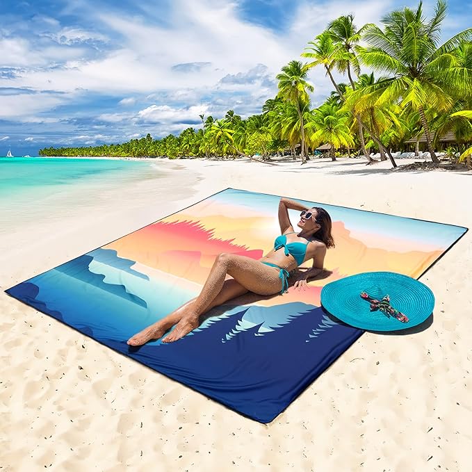 WIWIGO Beach Blanket Waterproof Sandproof Beach Mat 79" X 83"/10'x9'for 2-8 Adults Quick Drying Outdoor Picnic Mat Beach Accessories for Travel, Camping, Hiking