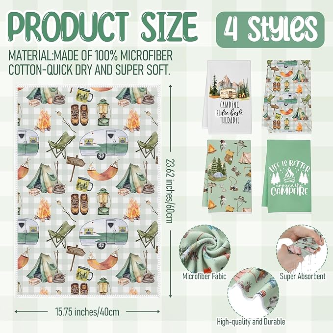 Hahafelt 8 Pcs Camping Kitchen Gift Dish Towel Pot Holder Oven Mitt Set 4 Bonfire Tent Car Tea Towels with Funny Sayings Novelty 2 Oven Mitts 2 Pot Holders Camping Accessories Decor for Rv Campers