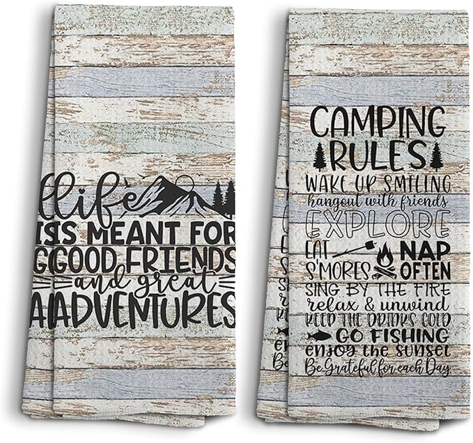 Camping Kitchen Towels, Camping Hand Towels and Dishcloths Set of 2, Camping Decor, Camper Gifts, Camping Gifts for Camper Women, Rv Decorations for Inside Camper, 16×24 Inches