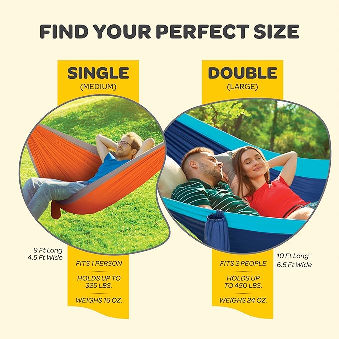 Durable Hammock 500 lb Capacity, Nylon Camping Hammock Chair - Double or Single Sizes w/Tree Straps and Attached Carry Bag - Portable for Travel/Backpacking (Large, Black with Net)