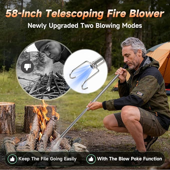 Telescoping Electric Fire Blower, Blow Poke Fireplace Tool - 2-in-1 Fire Poker & Bellows for Indoor Fireplace, Outdoor Camping, BBQ, Wood Stove & Fire Pit, Portable Collapsible Fire Starter Tool （1PC）