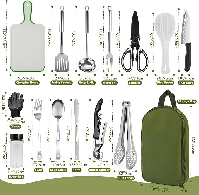 Portable Camping Utensil Set, 16 Piece Cookware Kit, Outdoor Cooking and Grilling Utensil Organizer Travel Set Perfect for Picnic, RV, Tailgating, Camping, Hiking, CT606
