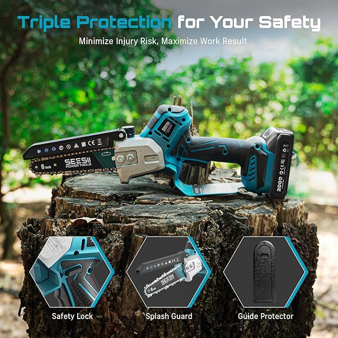 SEESII Brushless Mini Chainsaw 6 Inch, Handheld Saw with 2 * 2000 mAh Batteries, Cordless Chainsaw with Automatic Oiler, Compatible with Makita 18V Battery, Electric Saw for Tree Limb Branch Cutter