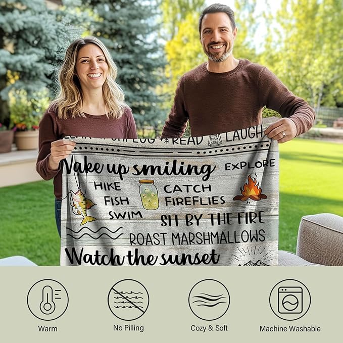 Wazzio Camping Gifts for Women Men, Camp Blanket Gifts for Camper Lovers, Happy Campers Decor Outdoor Travel Hiking 50" x 60", Camping Rules Throw Blanket for Christmas Thanksgiving