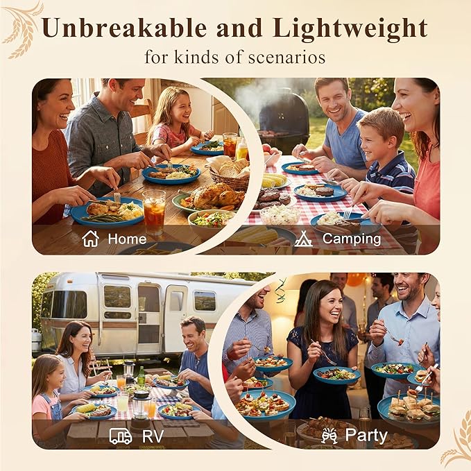 Deep Dinner Plates 11 Inch, Plastic Plates Reusable, Unbreakable Wheat Straw Plates Set of 8, Microwave and Dishwasher Safe Big Plate for Steak, Chicken, Casserole - Blue