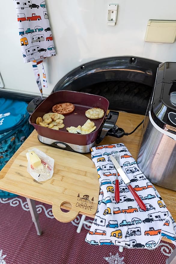 Camco Life is Better at The Campsite Camper/RV Dish Towel Set - Features a Camping/RV Themed Towel & a Navy Blue with White Logo Towel - Designed with 100% Cotton - 2-Pack (53301)