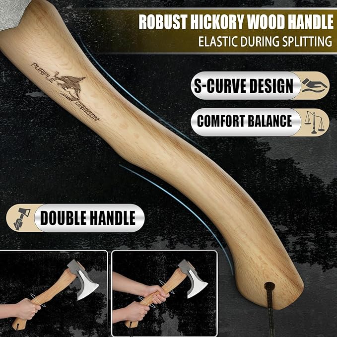 Purple Dragon Camping Hatchet 14.7 Inch Hand Forged Splitting Axe - Outdoor Wood Splitting Chopping & Carving Tool with Leather Sheath Bushcraft Survival Wooden for Men and Women