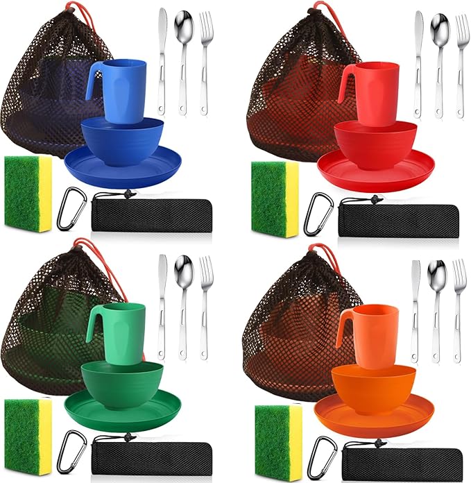 Scout Camping Mess Kit for Person Boy Scout Dishes Set Girl Scout Mess Kit with Mesh Bag Reusable Light Weight Eating Utensils Plastic Camping Cutlery Set for Travel Camp
