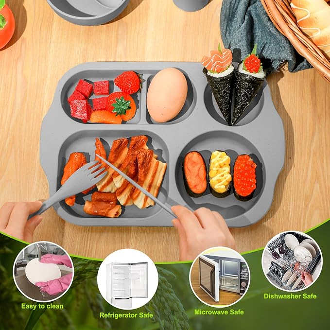 24 Pcs Wheat Straw Dinnerware Cutlery Set for Adult Including Divided Plates Microwave Dishwasher Safe Bowl Unbreakable Tableware Straw Cutlery Spoon Knife Fork(Dark Color)
