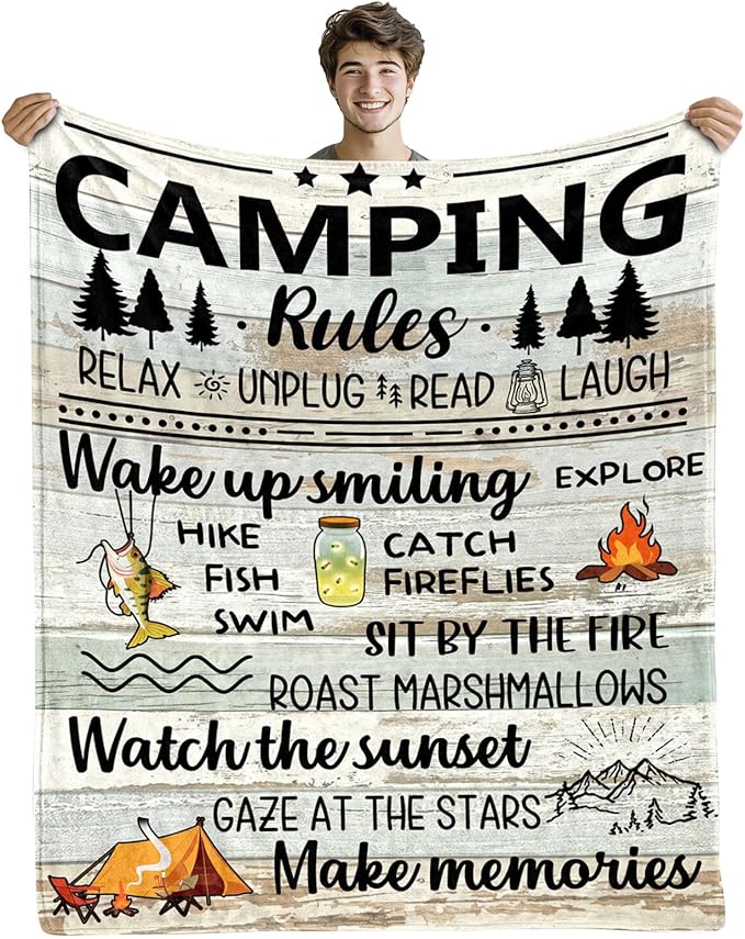 Wazzio Camping Gifts for Women Men, Camp Blanket Gifts for Camper Lovers, Happy Campers Decor Outdoor Travel Hiking 50" x 60", Camping Rules Throw Blanket for Christmas Thanksgiving