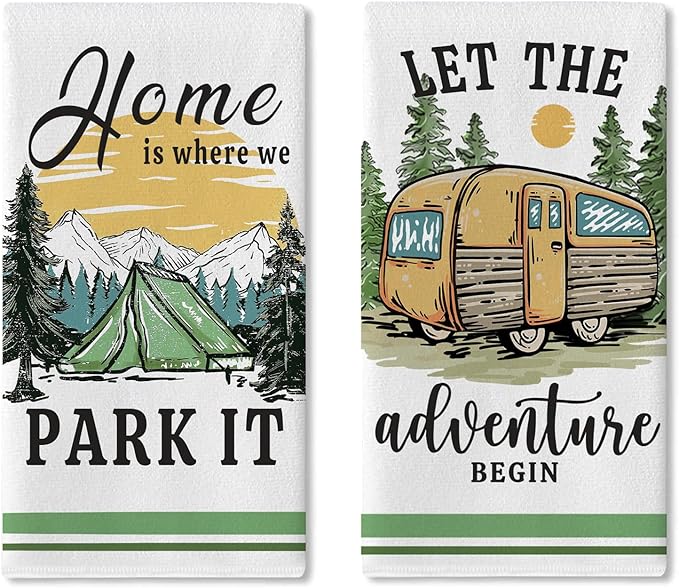 Camping RV Kitchen Dish Towels Set of 2, Let The Adventure Begin Camper Tent Drying Hand Towel Baking Cooking Cloth, Farmhouse Forest Mountain Sun Campsite Home Decoration 18 x 26 Inches