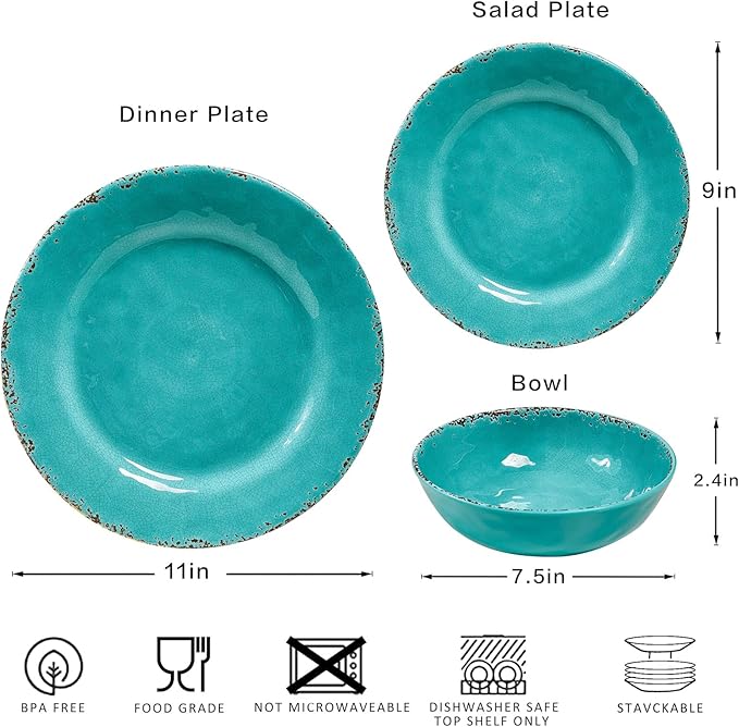 Farmhouse Melamine Plates and Bowls Set, Set of 4 BPA Free 100% Melamine 12 Piece Vintage Dishes Dinnerware Sets,Dishwasher Safe, Teal