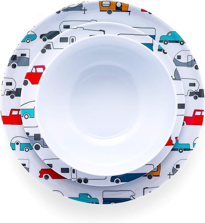 Camco Life is Better at The Campsite Dishware Set | Features a Virtually Unbreakable Melamine Construction, is Top Rack Dishwasher Safe, and has a Multicolored RV-Themed Design | 12-Piece (53297)
