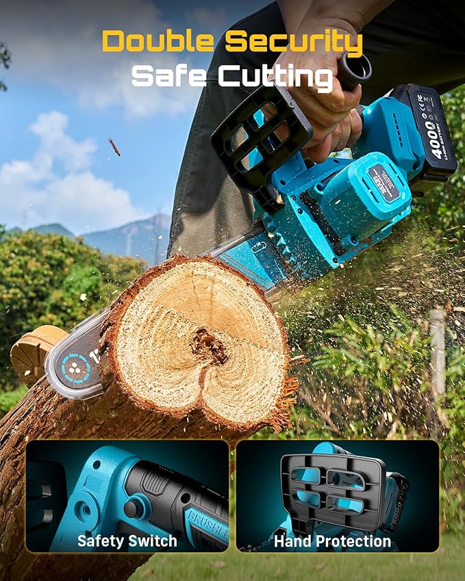 SEESII Electric Chainsaw Cordless 12-inch, Handheld Chain Saws with 2 x 4.0Ah Battery, Tree Saw with Tool-free Chain Tension, Auto Oiling for Wood Cutting Trimming Branch