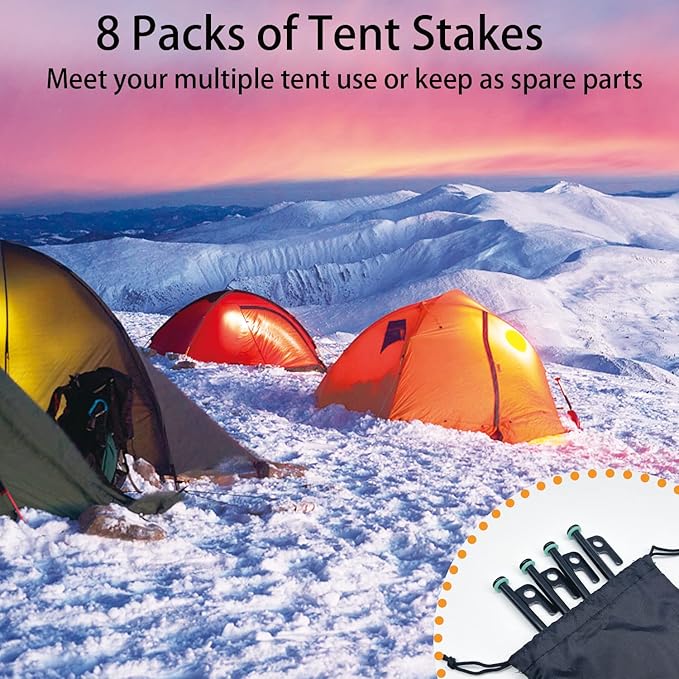 Heavy Duty Forged Steel Tent Stakes - 8Pcs 10in + Storage Pouch, Ideal for Rocks, Grassland, Desert, Stormy Weather