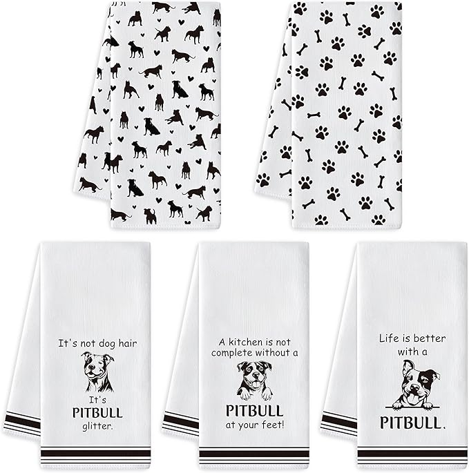 R HORSE Pitbull Kitchen Dish Towel - 5Pcs Cute Pitbull Cleaning Dishcloth Animal Dog Absorbent Bar Quick Dry Hand Towel Tea Towels for Women Housewarming Birthday Bathroom Kitchen Home Decors