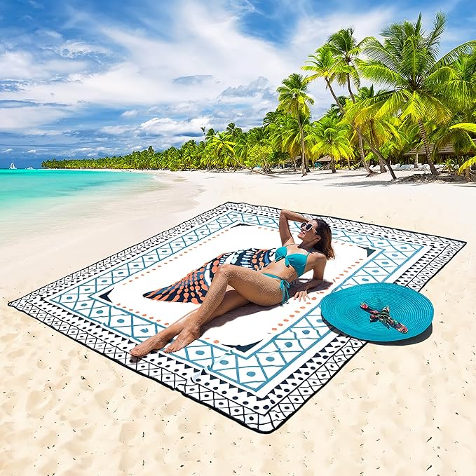 WIWIGO Beach Blanket Waterproof Sandproof Beach Mat 79" X 83"/10'x9'for 2-8 Adults Quick Drying Outdoor Picnic Mat Beach Accessories for Travel, Camping, Hiking